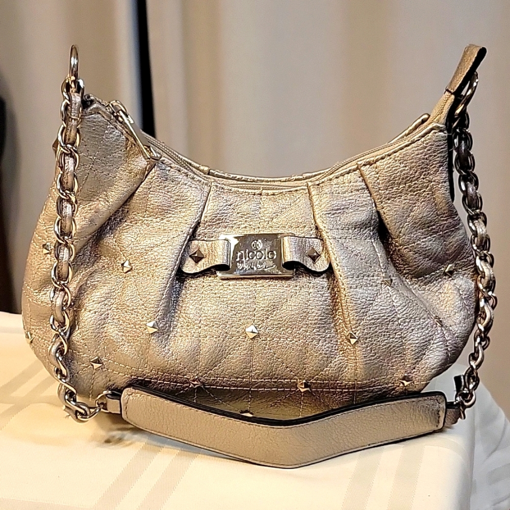 Nicole Miller Studded Quilted Vegan Fauw leather small bag, Silver